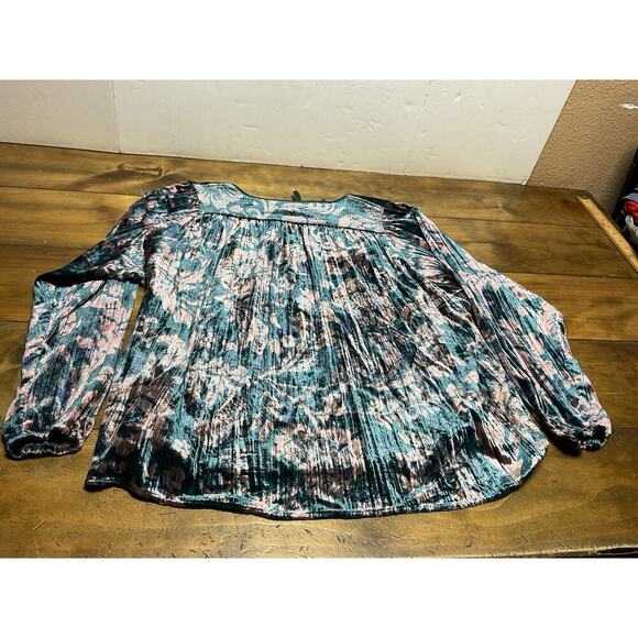 Anthropologie Faustine Velvet Peasant Blouse Medium Green Pink Oversized Boho - Picture 13 of 13